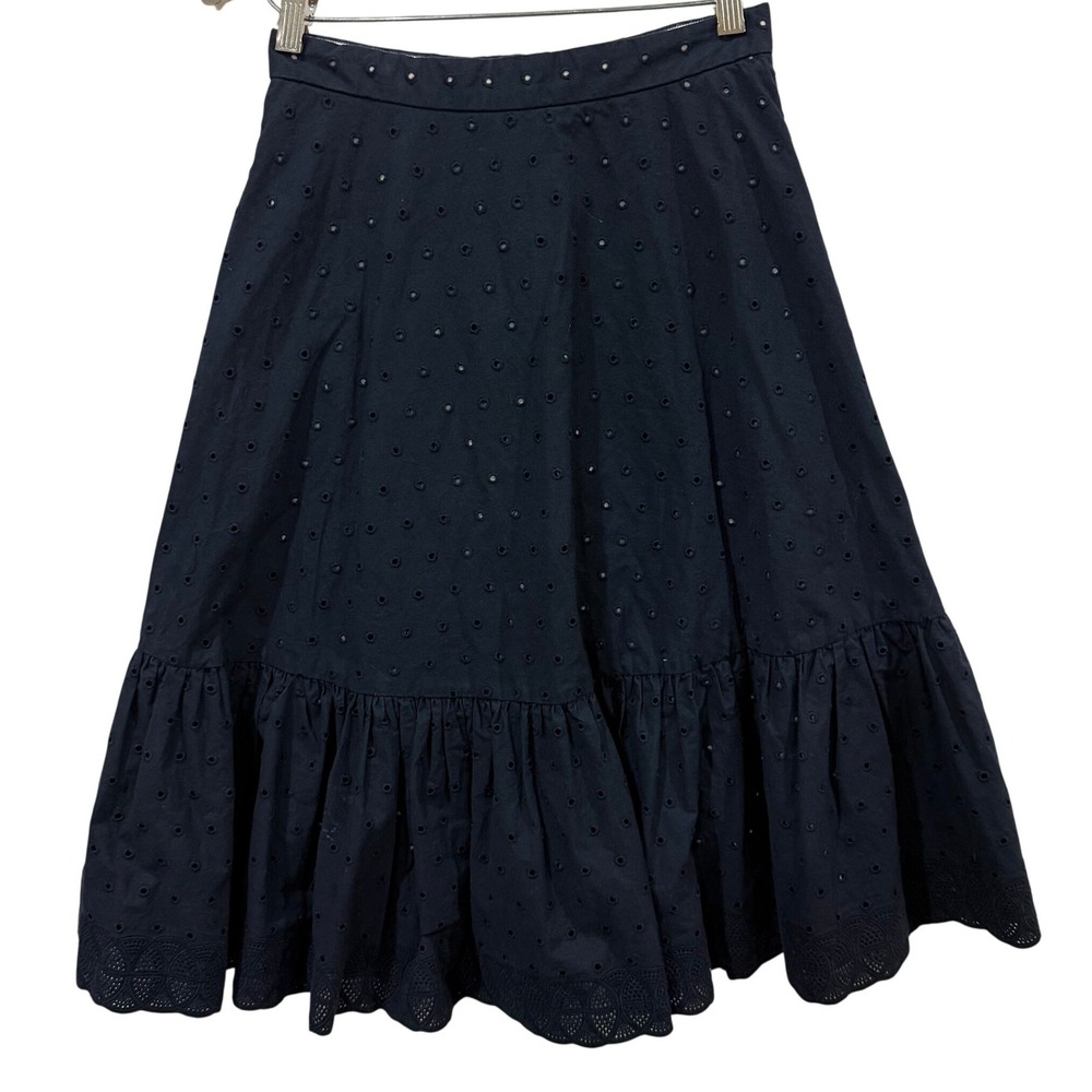 J.Crew Navy Blue Eyelet Cotton Tiered Ruffle Midi Skirt Size 0 Studded Waistband